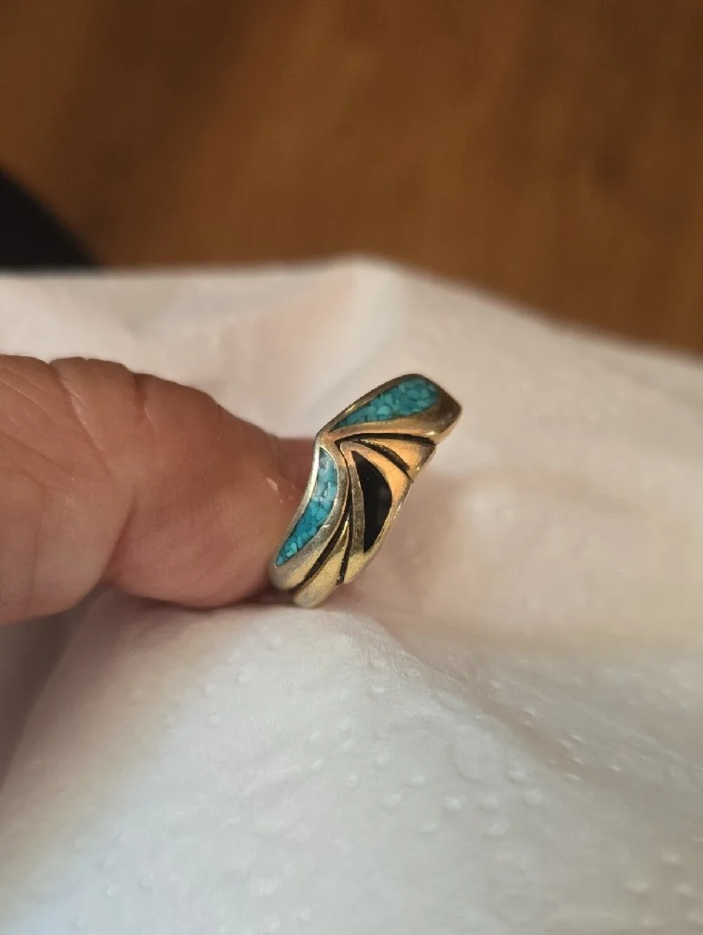 Vintage COP Turquoise Inlay Swirl Band Ring  - Gold Tone, Mens
